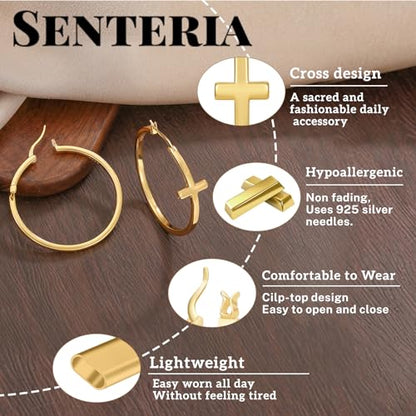Senteria 3MM 925 Sterling Silver Post Cross Hoops Earrings Hypoallergenic - color: Gold-40MM