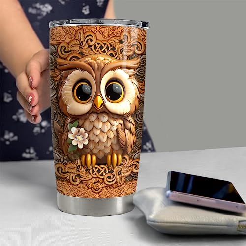 SANDJEST Personalized Owl Wood Drawings Tumbler 20oz 30oz Insulated Tumblers with Lid Coffee Travel Mug Cup for Women Owl Gifts for Birthday - color: Owl