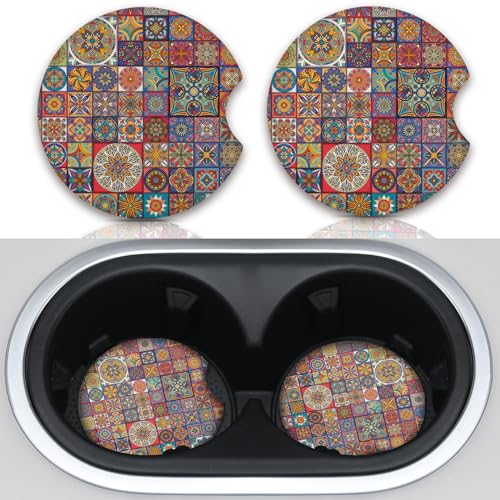 Boho Absorbent Neoprene Car Coasters, 2.75inch Mandala Style, 2 Pack Universal with Finger Slot - color: Multicolor