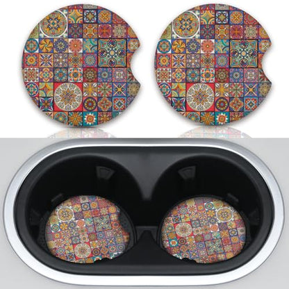 Boho Absorbent Neoprene Car Coasters, 2.75inch Mandala Style, 2 Pack Universal with Finger Slot - color: Multicolor