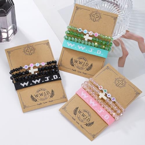 WWJD Bracelets Set WWJD Wristbands Christian Cross Bracelet Stackable Clay Bead Bracelets Stretch Glass Beaded Inspirational Christian Jewelry Gift for Couples Women Men - color: 4 Pcs Black