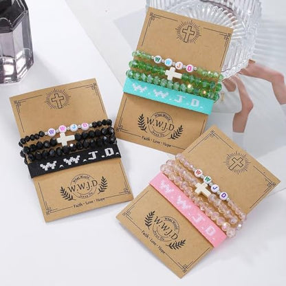 WWJD Bracelets Set WWJD Wristbands Christian Cross Bracelet Stackable Clay Bead Bracelets Stretch Glass Beaded Inspirational Christian Jewelry Gift for Couples Women Men - color: 4 Pcs Black