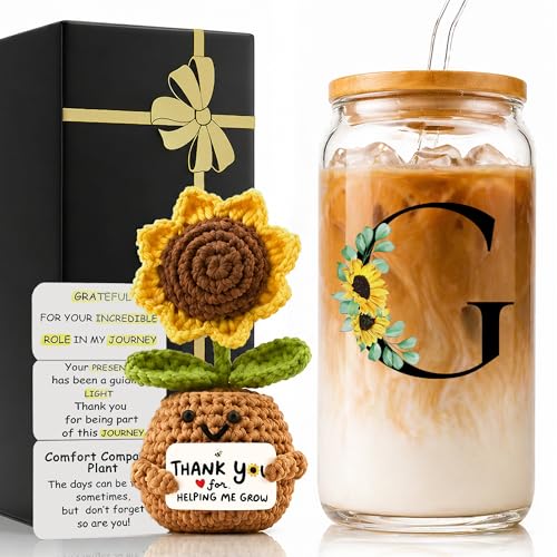2 in 1 Personalized Glass Drinking Cup and Sunflower Doll Women Thank you Gift Appreciation Gratitude Female Teacher End of Year Worker Secretary Doctor Friends Aide Nurse Co You Are My Sunshine G - style: Initial-G