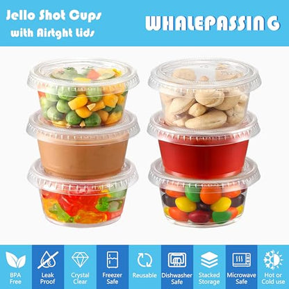 100 sets - 2 oz Jello Shot Cups With Lids,Clear Disposable Plastic with Lids,Souffle Cups, Salad Dressing Container, Airtight and Stackable