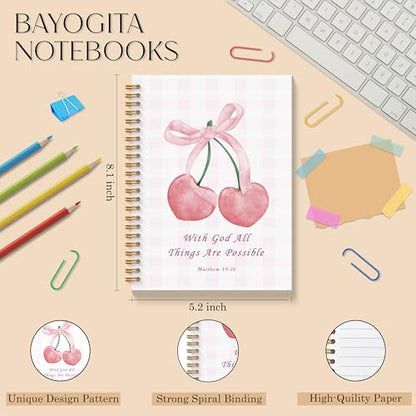 Coquette Pink Bow Cherry Christian Spiral Notebooks, With God All Things are Possible Bible Journal, Religious Journal for Women, Coquette Girly Office Supplies, 5.5x8.3 Inches - color: Cherry Bible