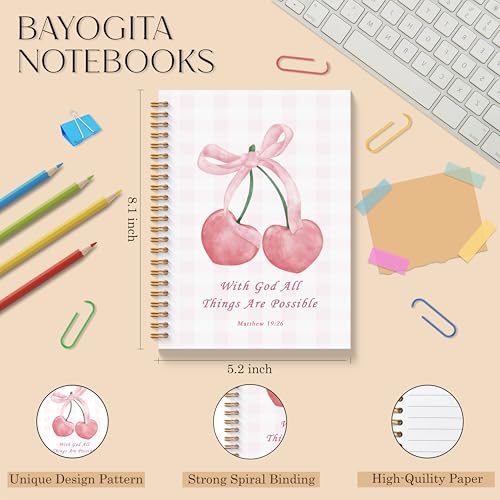 Coquette Pink Bow Cherry Christian Spiral Notebooks, With God All Things are Possible Bible Journal, Religious Journal for Women, Coquette Girly Office Supplies, 5.5x8.3 Inches - color: Cherry Bible