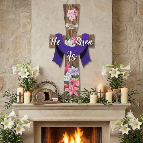 Meooeck Large Easter He Is Risen Door Sign Wooden Religious Cross Hanging Decor Easter Wreaths for Front Door Christian Flowers Lent Hanging Hanger for Farmhouse Front Porch - style: He is Risen