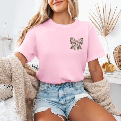 Leopard Bow Shirt Cheetah Bow Shirt Christian Shirts for Women Faith Bible Verse Shirts God Coquette Graphic Tees - color: Pink, size: Large