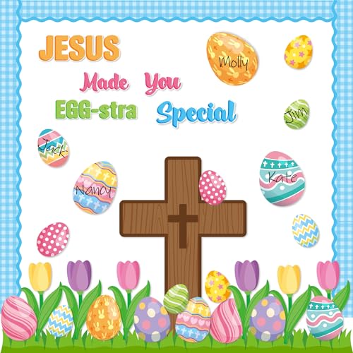 CY2SIDE 85PCS Jesus Made you EGG-stra Special Cutouts for Bulletin Board Border Set Spring Eggs Cutout Name Tag Christian Cross Church Theme Trim Border Religious Sunday Classroom Bulletin Board Decor - style: Easter Egg