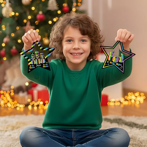 CY2SIDE 60PCS Easter Nativity Star Scratch Card Gift Set for Kid, DIY Jesus Birth Christian Scratch Paper Art for Kids School Activity, Religious Magic Art Rainbow Color Xmas Tree Hanging Ornament - style: Christmas Star