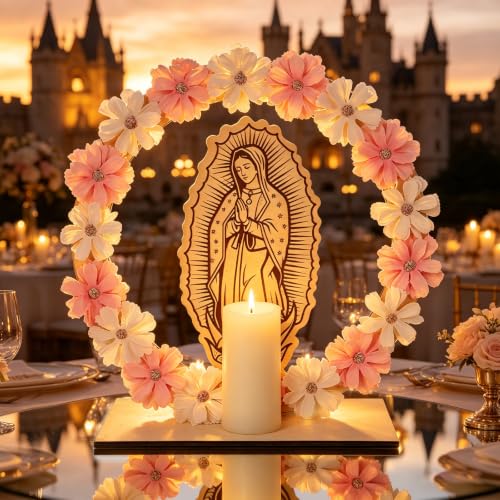 6 Set Our Lady of Guadalupe Wooden Table Statues 10 Inch Virgen De Guadalupe Picture Frames Baptism Centerpieces with 18 Flowers Baptism Favors for Guests First Communion Gifts Catholic Church Decor