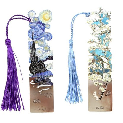 2 Metal Bookmarks with Tassel, Oil Painting Starry Night Over The Rhone and Almond Blossoms, Pretty Bookmarks for Women - style: 《Starry Night Over The Rhone》 and 《Almond Blossoms》