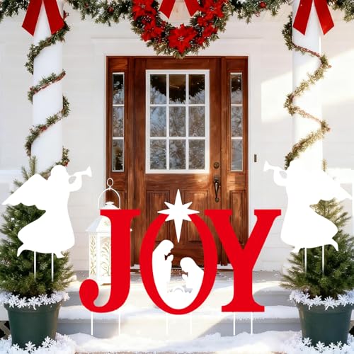 5Pcs JOY Nativity Scene Decorations, Joy Nativity Yard Sign, with Stake, Angels Christmas Decorations, for Home, Outdoor, Lawn, Pathway, New Year, Christmas Holiday Party Supplies
