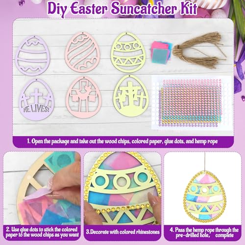 24 Sets Easter Eggs Suncatchers Craft, DIY Religious Easter Wooden Egg Hanging Decorations Kit for Christian Sunday School Activities Project Spring Classroom Party Favors Supplies