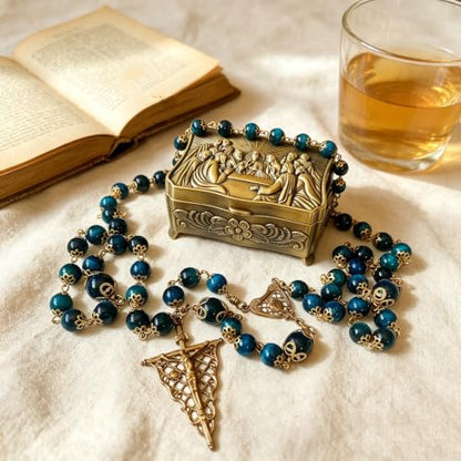 Handmade vintage copper 5 dacade rosary for women & men Natural Tiger Eye Stone Beads Necklace Perfect Catholic gifts with box