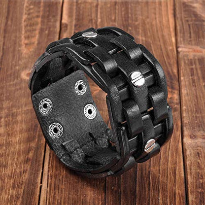 Zysta Cool Punk Rocker Wide Cuff Wristband Bracelet Mens Gothic Biker Braided Style Genuine Leather Bangle 8.5"-9" Adjustable Black/Brown - color: Black