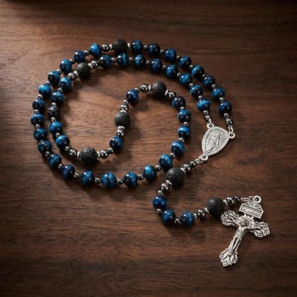 Nazareth Store Blue Tiger Eye Rosary Beads, Handmade Catholic Rosary Necklace with Lava Stone Beads and Our Father Crucifix, Five Decade Prayer Rosary, Religious Gift - style: Our Father