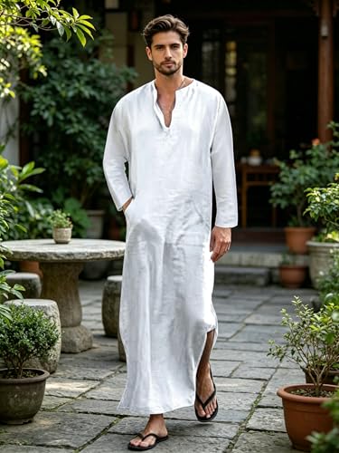 Jacansi Men's 65% Cotton 35% Linen Kaftan Thobe, Long Sleeve Casual Arabic Robe, Loose Long Gown with Pockets - color: White #1, size: XX-Large