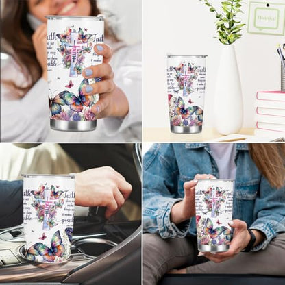 Christian Gifts for Women Tumbler, Inspirational Faith Religious Gifts for Women Girls Friends Birthday Christmas, Bible Verse Butterfly Coffee Mug Stainless Steel Vacuum Insulated Travel Cup with Lid - color: Faith Butterfly 1217