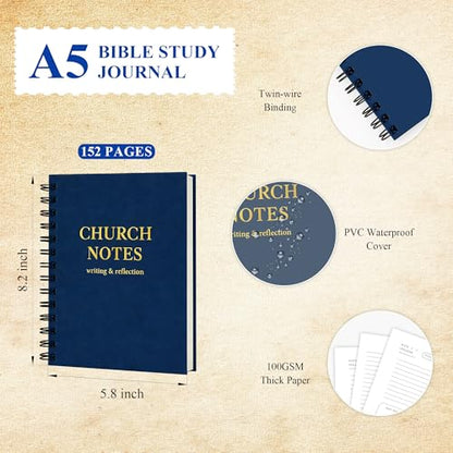 Church Notes Journal, Sermon Notes Notebook with Waterproof Clear PVC Cover, 100GSM No-Bleed Paper, Spiral Bound, 158 Pages, Christian Church Notebook for Bible Study, Worship & Reflection