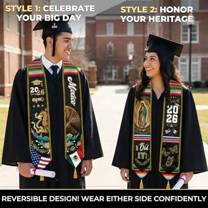 Graduation Stole Class of 2026 Reversible Sash with Gold Glitter Trim and Tassels V-Neck 72 Inch Satin - color: Mexico & America