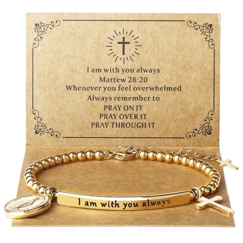 DS Women Christian Charm Bracelet,Cross Scripture Stainless Steel Jewelry - style: I am with you always-Gold