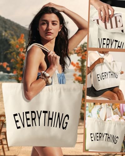Miss Adola Large Tote Bag for Women - Canvas Tote Bag with Zipper Aesthetic Reusable Shoulder Bag for Gym, Travel, Work - style: Everything Letter