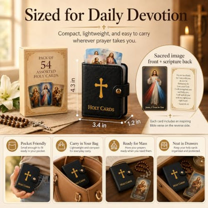 Catholic Prayer Card Holder, 54 Holy Cards with Scripture - color: Red