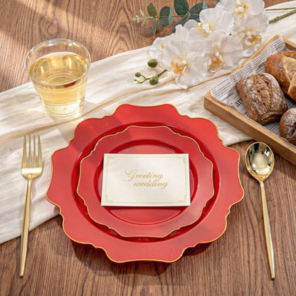 WDF 175Pcs Red Plates - Red Plastic Plates with Gold Rim - Fancy Disposable Dinnerware Sets Ideal for Party/Wedding - color: Red and Gold, size: 175 pieces