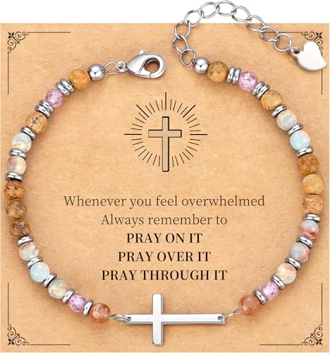 Cross Bracelet for Women, Christian Gifts for Women 2026 Stocking Stuffers for Teens Her Bead Bracelet Adjustable Gemstone Faith Religious Confirmation Communion Bracelet for Best Friend Mom Faith Birthday Anniversary Jewelry - color: Colorful-Pray on it