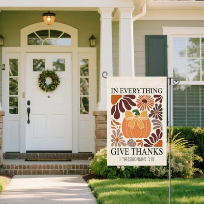 In Everything Give Thanks Garden Flag, Christian Pumpkin Bible Banner, Floral Christian Fall Thanksgiving Harvest Yard Outdoor Decor for Farmhouse Holiday, Thanksgiving Flags Gifts for Women BFF