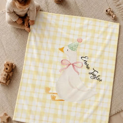 Personalized Birthday Goose Blanket, Yellow Plaid Baby Throw Gift - color: #Ver14