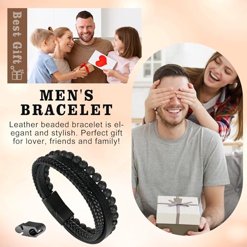 Beaded Leather Bracelets - Gifts for Men, 6mm Tiger Eye Lava Rock Stone Beads Braided Leather Bracelet Handmade Mens Bracelet With Adjustable Magnetic Clasp - color: Black-1