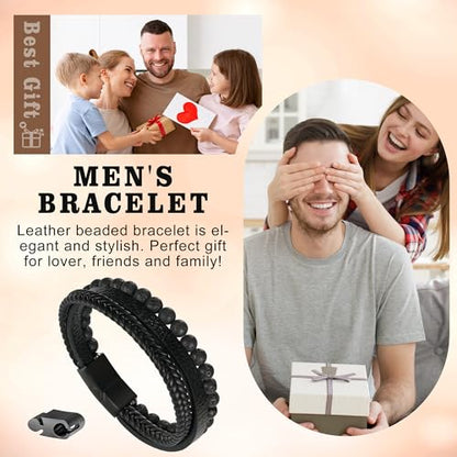Beaded Leather Bracelets - Gifts for Men, 6mm Tiger Eye Lava Rock Stone Beads Braided Leather Bracelet Handmade Mens Bracelet With Adjustable Magnetic Clasp - color: Black-1