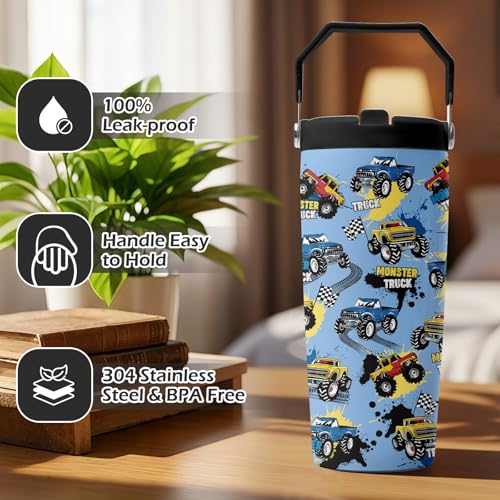 Hiboss Monster Truck Tumbler with Handle and Flip Straw 28oz, Insulated Stainless Steel Travel Monster Trucks Cup for Kids Boy, Birthday Christmas Trucks Gifts for Kids Teens Boys - color: Monster Truck