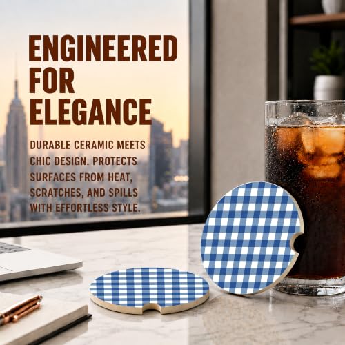 Blue Buffalo Plaid Car Coasters Set of 2, Coquette Preppy Cup Holders, 02 - color: Blue Buffalo Plaid