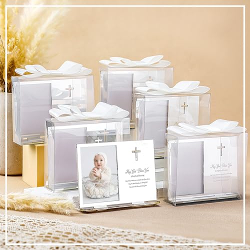 Vercraft 24 Set Baptism Picture Frame 3.5 x 5 Acrylic Baby Shower Baptism Favor Christening Gifts for Boy Girl with Plastic Crystal Boxes and Satin Ribbon Bows for Religious First Communion(White) - color: White
