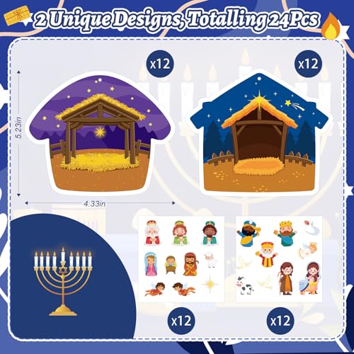 PAIVSUN 24Pcs Nativity Craft Sticker, Make a Nativity Scene Stickers DIY Hanukkah Christmas Crafts Kits for Xmas Tree Ornament Classroom Religious Christian Party Game Supplies, 2 Designs - style: Nativity 2 Styles