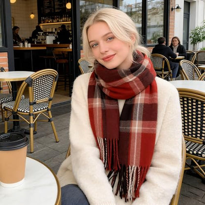 Fall Winter Plaid Scarf for Women Soft Tassel Scarves Oversized Shawl Wraps - color: Coffee-red-plaid