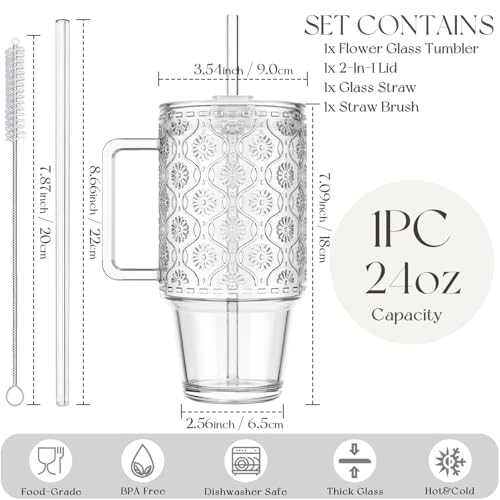 KEMORELA 24 Oz Ribbed Glass Tumblers with Lids and Straws, Tumbler Cup with Handle, Iced Coffee Glassware, Clear Reusable Drinkware for Smoothies and Beverages(1) - color: 24oz-Begonia