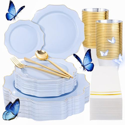 WDF 175Pcs Blue Plastic Plates - Heavy Duty Baby Blue Plates Disposable - 25Guests Plastic Dinnerware Ideal for Parties/Wedding/Baby Shower/Hanukkah - color: Bule and Gold, size: 175 pieces