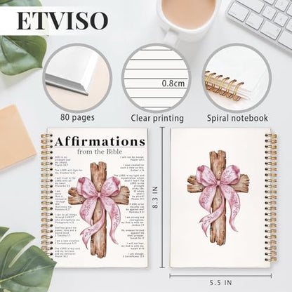 ETVISO Pink Bow Spiral Bible Notebook for Note Taking, Affirmations from the Bible Christian Gifts for Women Girls, Bible Study Supplies Journal, Cute Preppy Hardcover Spiral Notebooks 5.5 x 8.3 - color: 01-Bible(Affirmations from the Bible)