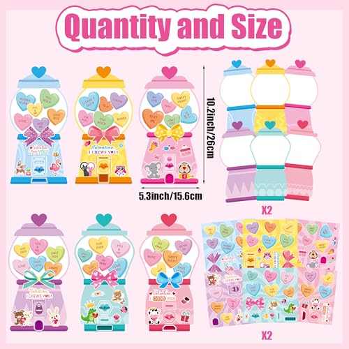 CY2SIDE Valentines Gumball Machine Stickers - 12 Sets of Valentine’s Day Conversation Heart Sticker Art Craft for Kids School Activities Make A Bubble Gum Machine Scene with Heart Bear Party Favors - style: Bubble gum machine