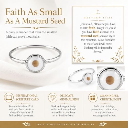 Mustard Seed Ring for Women Christian Faith Jewelry Silver Tone Adjustable Open Ring Inspirational Bible Verse Gift with Message Card - color: A5:size10