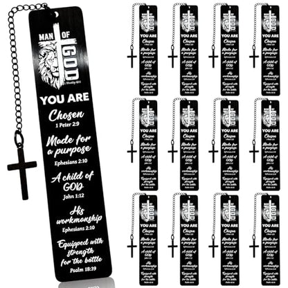 Gueevin 12 Pcs Christian Bookmark Bulk Man of God Metal Inspirational Lion Bible Verse Book Marks Religious Scripture Bookmarks with Cross Pendant for Men Dad Husband Reading Gifts - style: Man of God