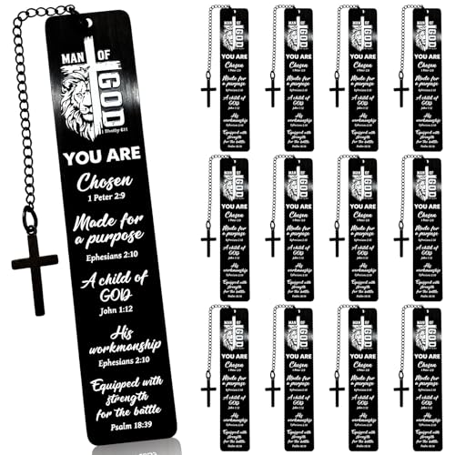 Gueevin 12 Pcs Christian Bookmark Bulk Man of God Metal Inspirational Lion Bible Verse Book Marks Religious Scripture Bookmarks with Cross Pendant for Men Dad Husband Reading Gifts - style: Man of God