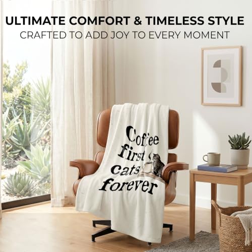 Cat and Coffee Throw Blanket – "Coffee First Cats Forever" Cat Lover Gifts - color: Tk010, size: 60"x50"