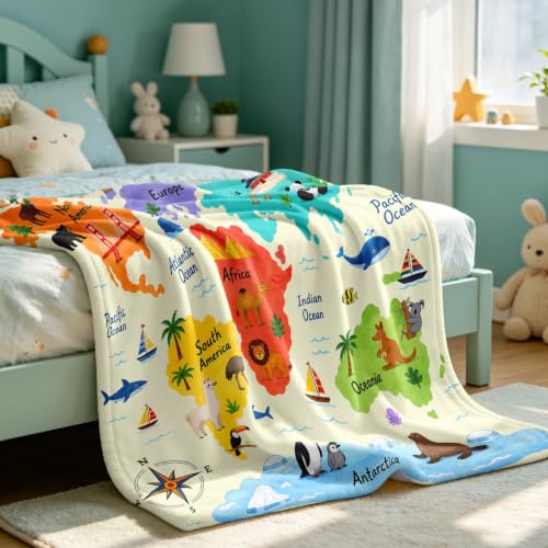 Mosslink World Map Blanket 40"x50", Boys Girls Animal Educational Throw - color: Yellow-world Map