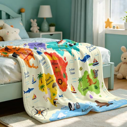 Mosslink World Map Blanket 40"x50", Boys Girls Animal Educational Throw - color: Yellow-world Map