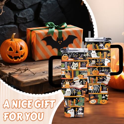 Book Lovers 40oz Tumbler, with Handle Straw, Stainless Steel Cup - color: Halloween